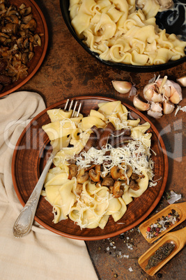 Pasta fettuccine with mushrooms and meat