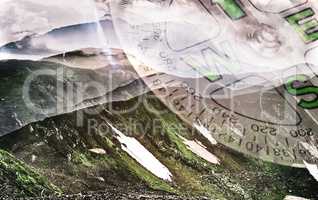 Mountain landscape and compass, double exposure