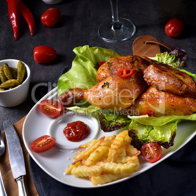 fried chicken with chips and salad