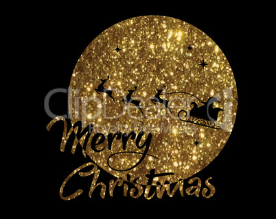 golden glitter Santa Claus, reindeer and moon poster with Merry