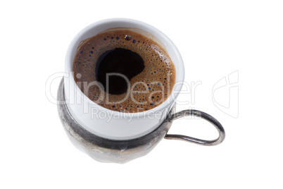 Cup of traditional homemade Turkish coffee on white background