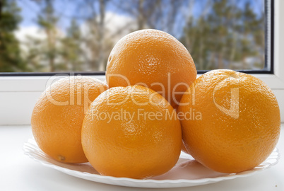 Oranges on a plate on the sill of the window.