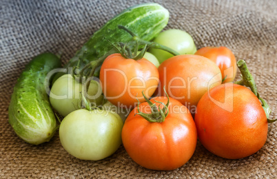 Cucumbers, ripe and green tomatoes on a linen fabric