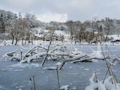 Evening on an frozen lake ice snowy