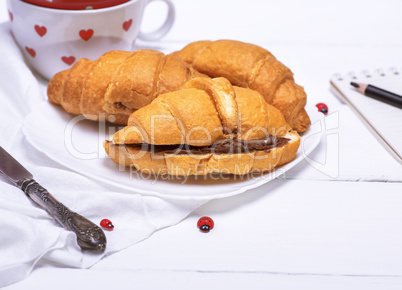baked croissants with chocolate on a white plate