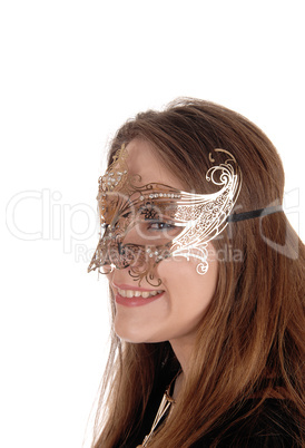 Close up image of woman with gold mask