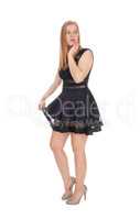 Happy woman standing in a short black dress