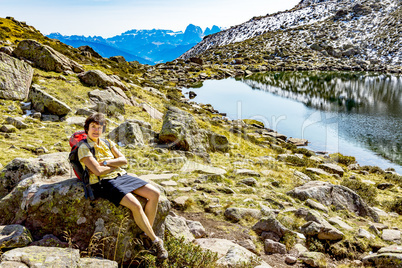 Break from hiking on the lake at the Astjoch in South Tyrol