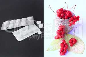 natural vitamins or tablets. Berries of red ripe schisandra or medicinal preparations
