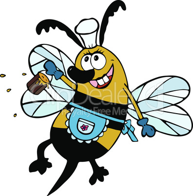 cheerful cartoon bee with a full bucket of honey and is dressed in a blue apron