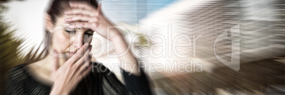 Composite image of sick woman with hand on head