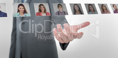 Composite image of businessman gesturing against white background