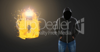 Dark Man with no face and burning flame lock glowing