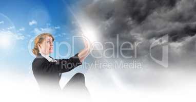 Woman blocking Grey sky and blue sky weather change surreal transition