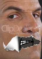 Angry Man with torn paper on mouth and cartoon mouth