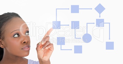 Woman's hand touching blue wireframe