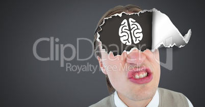 Man with torn paper on eyes and brain