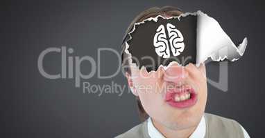 Man with torn paper on eyes and brain