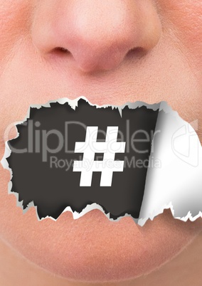 Hashtag icon and Face with torn paper on mouth