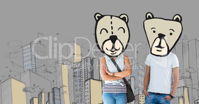 Couple with bear animal head faces in city