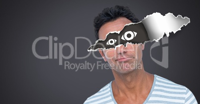 Man with torn paper on eyes and eye icons