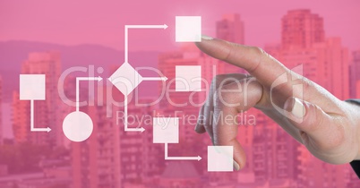 Hand touching white wireframe with pink background