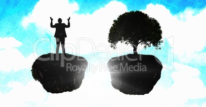 Person reaching out arms with surreal Floating tree in sky