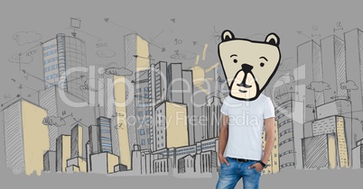 Man with bear animal head face in city