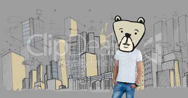 Man with bear animal head face in city