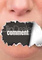 Face with torn paper on mouth and comment text
