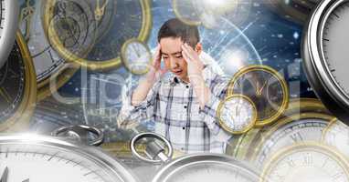 Man concentrating with Surreal Time and space clock concept