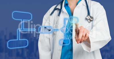 Doctor's hand touching wireframe with blue background