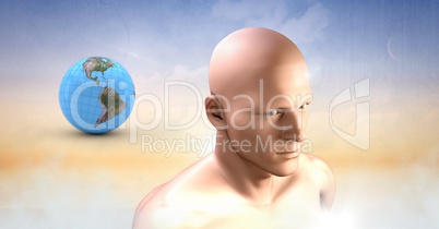mans head and planet earth world sphere in clouds