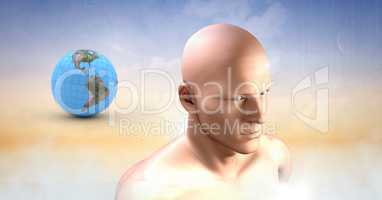 mans head and planet earth world sphere in clouds
