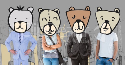 People with bear animal head faces in city