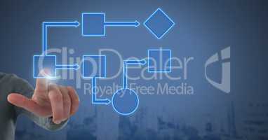 Hand touching wireframe with blue background