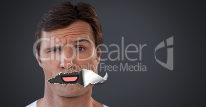 Man with torn paper on mouth and cartoon mouth