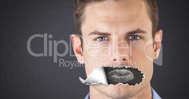 Man with torn paper on mouth and lips negative