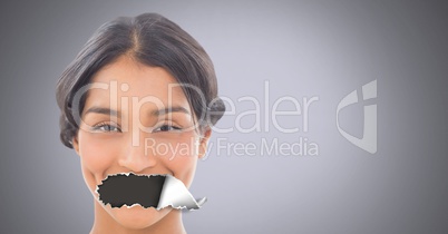 Woman with torn paper on mouth