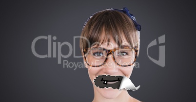 Woman with torn paper on mouth and cartoon mouth