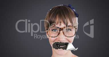 Woman with torn paper on mouth and cartoon mouth