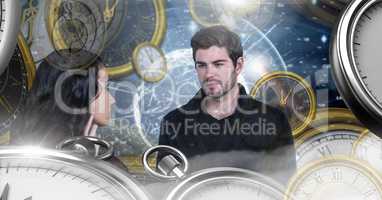 Couple in surreal time and space with clocks
