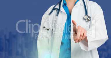 Doctor's hand touching with blue background