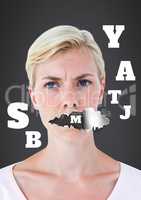 Woman with torn paper on mouth and letters