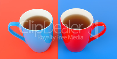 Cups with tea on a red and blue background. Wide photo.