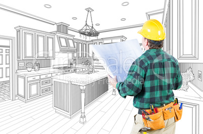 Male Contractor with Hard Hat and Plans Looking At Custom Kitche