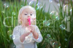 Adorable Little Girl Sitting On Bench Having Fun With Blowing Bu