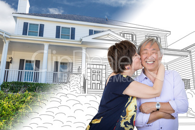 Chinese Senior Adult Couple Kissing In Front Of Custom House Dra