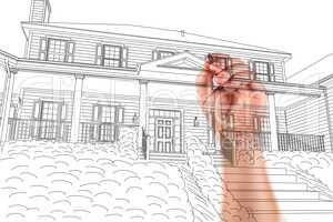 Male Hand Sketching with Pencil the Outline of a Beautiful House