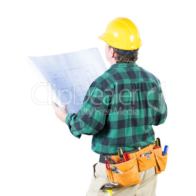 Male Contractor with Hard Hat and Tool Belt Looking Away Isolate